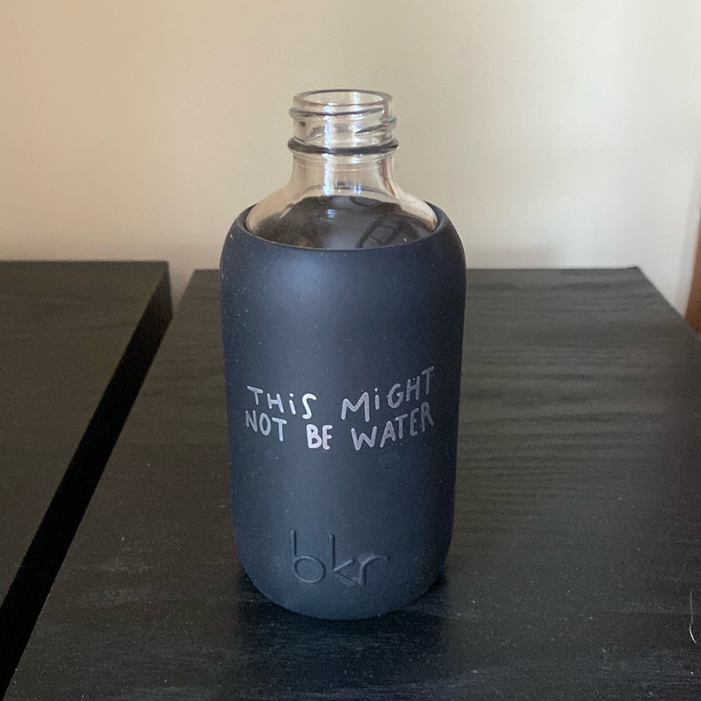 bkr teeny 250mL “this might not be water” in Jet glass water bottle